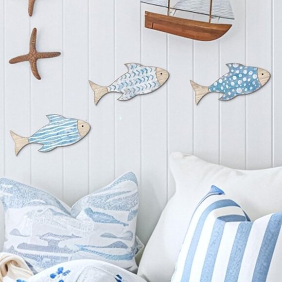 NEW 3 Pcs Wooden Fish Wall Decor Beach Nautical Coastal Theme.